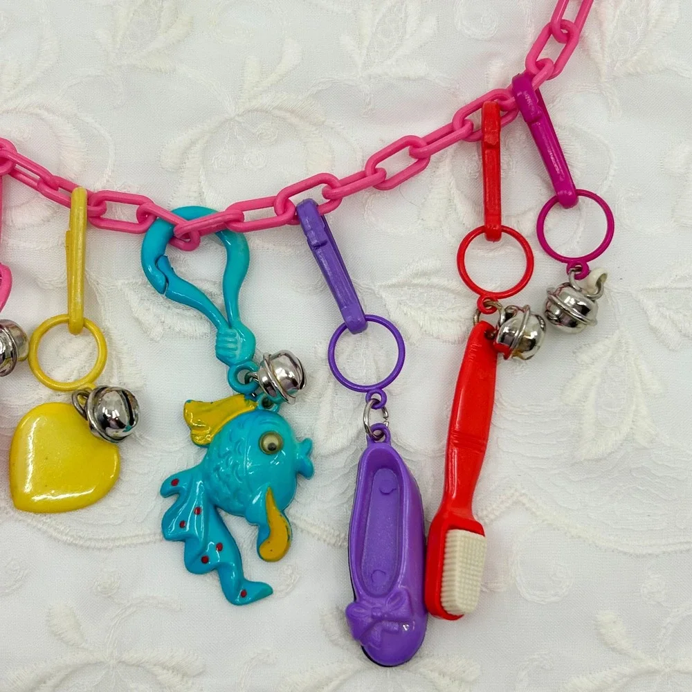 Vintage 80s Plastic Charms Clip and Bell Necklace Pink Chain Funky Colorful Toy - Picture 11 of 13